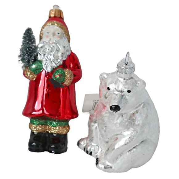 2 Vintage Glass Christmas Tree Ornaments  Santa with Bottle Brush Tree & Polar - Picture 2 of 6